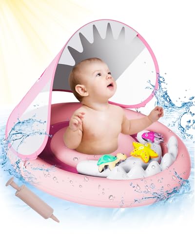 ANSTEN Baby Swimming Ring Pink, suitable for babies aged 6-36 months. With sunshade, detachable toys, and inflatable double ring chambers for water familiarization.
