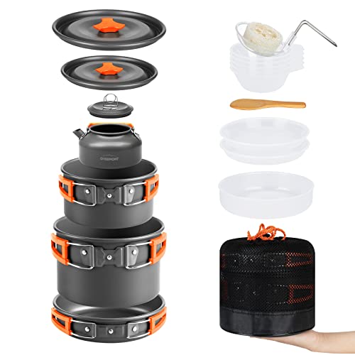 Overmont Camping Cookware Set outdoor dish set pot set picnic pot with coffee pot tea pot aluminum for 3-4 people.