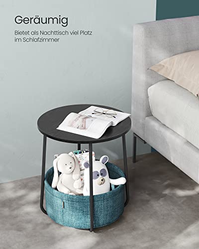 VASAGLE Side Table Round, Small Table, Small Coffee Table, Living Room Table, Fabric Basket, Storage for Living Room or Bedroom, Modern Nightstand, Ebony Black and Turquoise Blue LET223B56