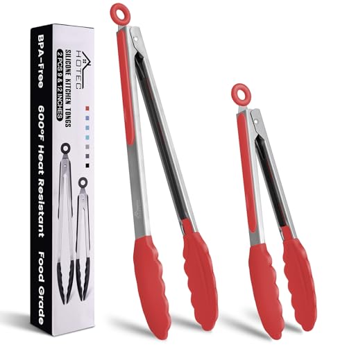 HOTEC High-quality stainless steel kitchen tongs with silicone tips, set of 2 - 9" and 12" (red)