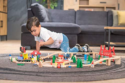Bandits & Angels Wooden Train Set 100 pieces with base plate for ages 3 and up for boys and girls - Wooden train set with 100 pieces - includes 2 trains and base plate - train set for kids
