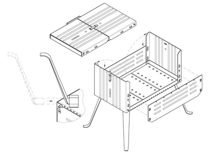 Folding Mangal Kukmara Diplomat camping grill made of 1.2mm stainless steel, including 6 skewers.