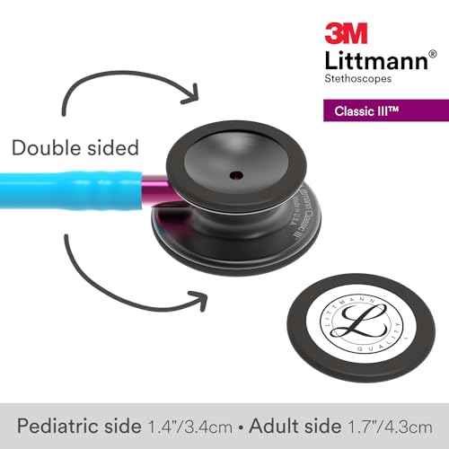 3M Littmann Classic III Stethoscope for monitoring, 5872, Smoke Edition chestpiece, turquoise tubing, pink tubing stem, and smoke-colored ear tubes, 69 cm