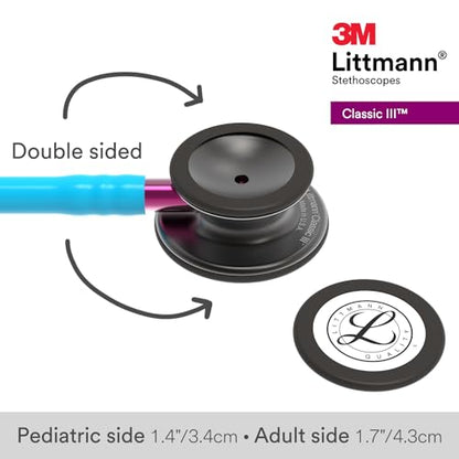 3M Littmann Classic III Stethoscope for monitoring, 5872, Smoke Edition chestpiece, turquoise tubing, pink tubing stem, and smoke-colored ear tubes, 69 cm