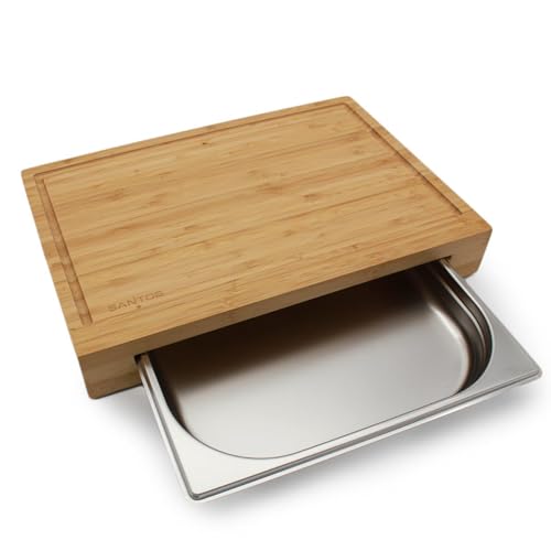 SANTOS Bamboo Cutting Board with Drip Tray - 42.5x7x29cm - Large Serving Tray - Wooden Board for Chopping & Serving - Kitchen Helper - Carving Board