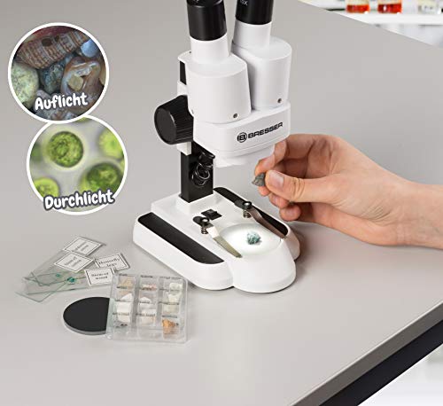 Bresser Junior Stereo 3D Microscope ICD-Pro with 20x and 50x magnification for kids and adults to observe stones, coins, insects, and more. 20x / 50x magnification.