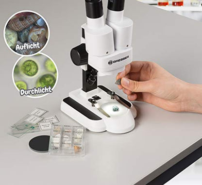 Bresser Junior Stereo 3D Microscope ICD-Pro with 20x and 50x magnification for kids and adults to observe stones, coins, insects, and more. 20x / 50x magnification.