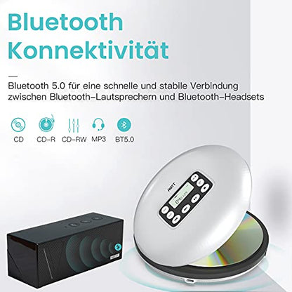 HOTT CD711T Portable Bluetooth CD Player Rechargeable for home, on-the-go, and in the car with stereo headphones and Anti-Shock Protection-Silver