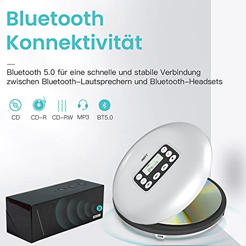 HOTT CD711T Portable Bluetooth CD Player Rechargeable for home, on-the-go, and in the car with stereo headphones and Anti-Shock Protection-Silver