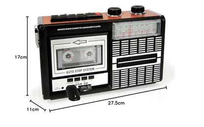 Ricatech PR85-80s cassette recorder, AM/FM/SW radio, USB, SD card slot, built-in microphone, auto stop, portable, 1x8 watt built-in speakers, headphone jack.