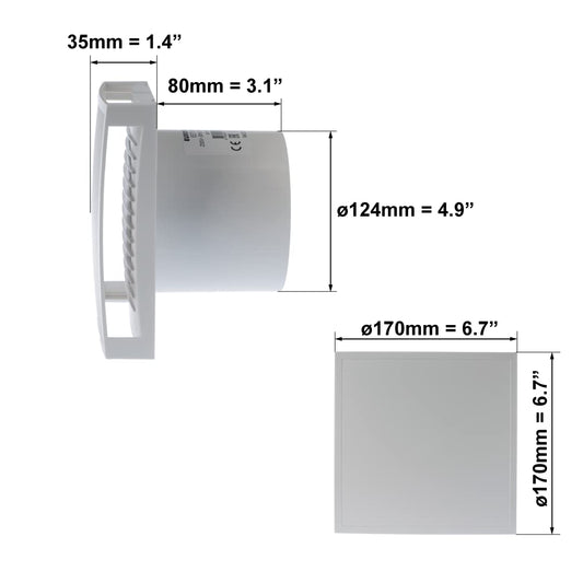 EUROPLAST Ø 125mm white bathroom fan with front cover, quiet operation, switch activation for light.
