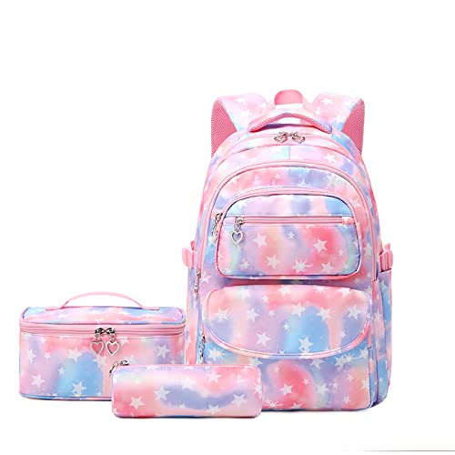 Tanou school backpack set for girls includes lunch bag and pencil case. Lightweight and breathable, suitable for 3rd to 9th grade girls. 22 liter capacity, perfect for travel. Color: pink.