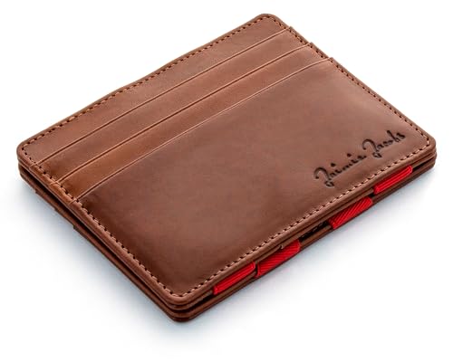 Jaimie Jacobs Flap Boy Slim without coin compartment Magic Wallet integrated RFID protection Magic wallet genuine leather (Dark brown with red)