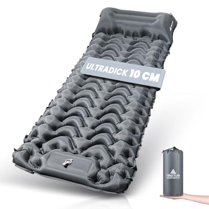HIKENTURE Camping Isomatte Outdoor, 10cm Aufblasbare Isomatte Ultraleicht Kleines Packmaß, Sleeping Pad Schlafmatte mit Fußpumpe für Camping, Outdoor, Wandern - Grau