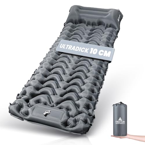 HIKENTURE Camping Isomatte Outdoor, 10cm Aufblasbare Isomatte Ultraleicht Kleines Packmaß, Sleeping Pad Schlafmatte mit Fußpumpe für Camping, Outdoor, Wandern - Grau