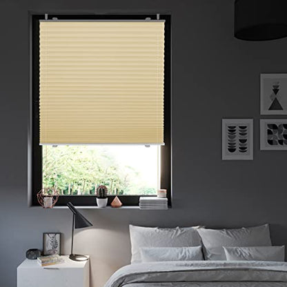 BelleMax pleated blind without drilling, thermal pleated roller blind with clamp fixation, light beige 45x140cm (WxH), blackout pleated blind 100% lightproof for windows, opaque privacy sun protection
