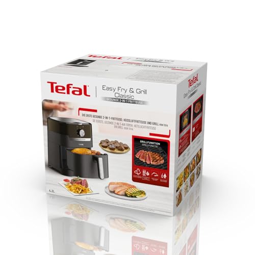 Tefal Easy Fry & Grill Classic Hot Air Fryer, 2-in-1 Technology (Air Fryer and Grill) XL, 4.2 liters for 6 servings, 1550 watts, energy-efficient, oil-free, healthy fryer, black, EY5018.