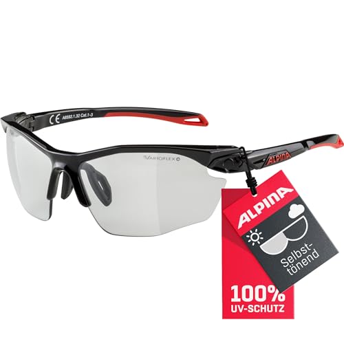 ALPINA TWIST FIVE HR V - Self-tinting, shatterproof & fog-free sports and cycling glasses with 100% UV protection for adults, black-red, One Size, Sporty