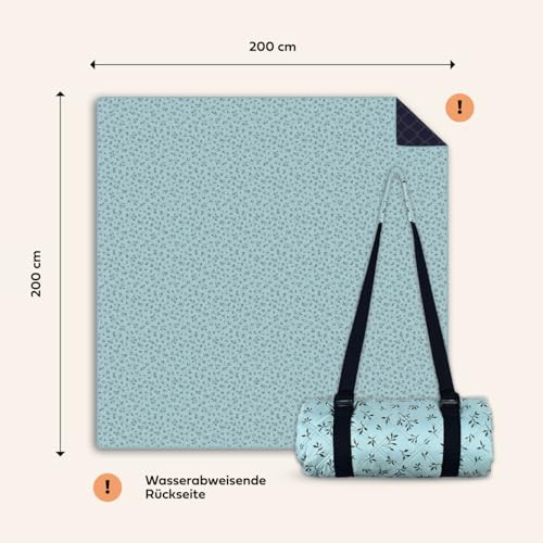 NAYA STUDIOS® Picnic Blanket (Floral Pattern Mint) - extra large picnic blanket 200x200 cm - washable camping blanket - beach blanket XXL - waterproof picnic blanket - outdoor blanket - padded beach mat