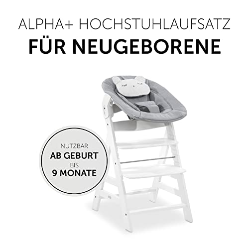 Hauck 2in1 Baby Bouncer & Newborn Set for Alpha+ & Beta+ Wood Highchairs. Alpha Bouncer 2in1, for babies from birth up to 9 kg, with 3-point hip belt, head pillow, and rocking frame (Pastel Bear Light Grey).