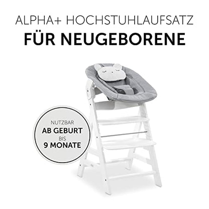 Hauck 2in1 Baby Bouncer & Newborn Set for Alpha+ & Beta+ Wood Highchairs. Alpha Bouncer 2in1, for babies from birth up to 9 kg, with 3-point hip belt, head pillow, and rocking frame (Pastel Bear Light Grey).