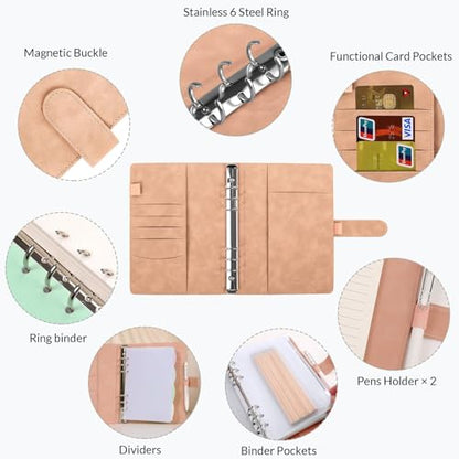 SKYDYE A5 ring binder, refillable A5 ring binder, 135 sheets of A5 refill paper, A5 notebook with binder pockets, A5 binder for school notes and travel diaries (pink)