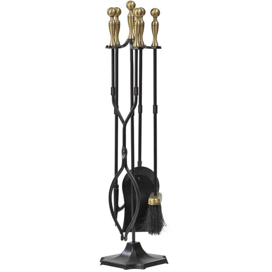 AMAGABELI 26.5" 5-piece Fireplace Tool Set with Wrought Iron and Inner Decoration Fireplace Accessories Firewood Stand Tongs Shovel Brush Poker Gold.