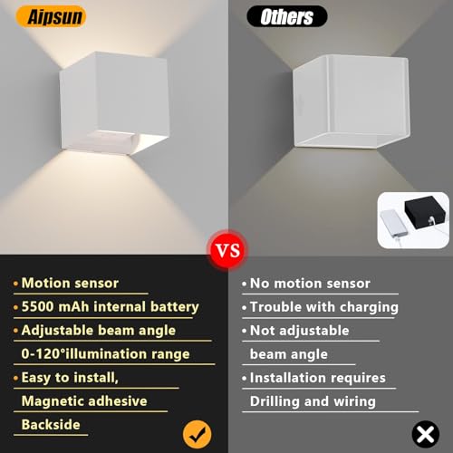 Aipsun 2 pcs LED battery wall light with motion sensor in white, wireless wall lamp with 5500mAh battery, 5W, glow on top and bottom, 2700K warm white, for indoor use.