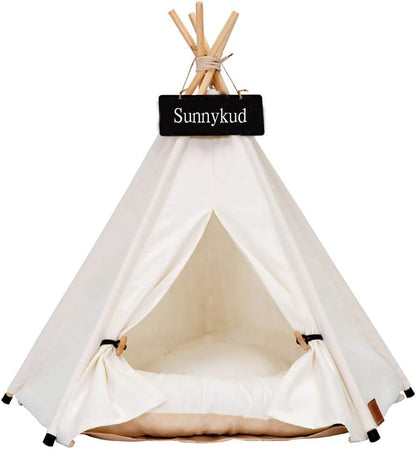 Sunnykud Teepee Tent for Pets Dog Tent Cat Tent Pet Tents Houses with Cushion Removable and Washable Pet Bed Foldable Pet Dog Bed Cat Bed (L:60x60x70cm, white)