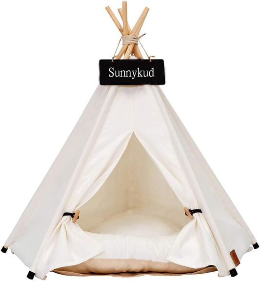 Sunnykud Teepee Tent for Pets Dog Tent Cat Tent Pet Tents Houses with Cushion Removable and Washable Pet Bed Foldable Pet Dog Bed Cat Bed (L:60x60x70cm, white)