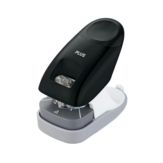 PLUS, stapleless stapler for desktop use, staples up to 10 sheets, with paper guide, stapling and hole punching capabilities, black