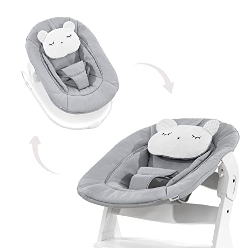 Hauck 2in1 Baby Bouncer & Newborn Set for Alpha+ & Beta+ Wood Highchairs. Alpha Bouncer 2in1, for babies from birth up to 9 kg, with 3-point hip belt, head pillow, and rocking frame (Pastel Bear Light Grey).