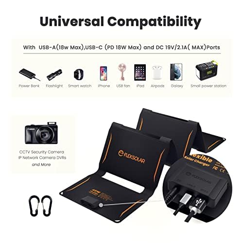 40W solar charger, FlexSolar ETFE monocrystalline solar panel foldable 3-port USB PD18W QC3.0 Type-C portable solar charger IP67 charger for outdoor camping smartphone tablet power bank camera
