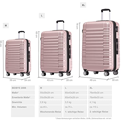 BEIBYE twin-wheel travel suitcase luggage trolleys hard shell M-L-XL set, expandable (pink gold, M)
