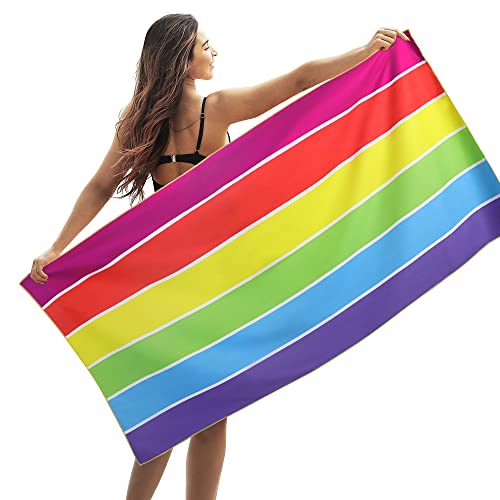 Winthome beach towel quick-drying - microfiber beach towel lightweight, sand-free large beach towel, versatile for women men travel vacation swimming camping, with bag (rainbow, 150x75cm, 1 pack)