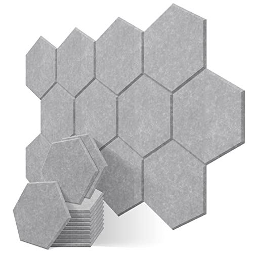 JBER Hexagonal Acoustic Panels, Soundproof Interior, Sound Absorbing Panels, 35.6 x 30 x 1cm Angled Edge High Density Wall Tiles, for Acoustic Treatment, (12 Pieces Grey)