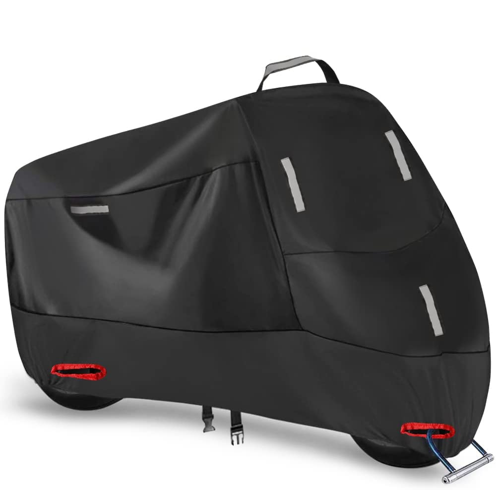 Motorcycle Cover Outdoor 300D Motorbike Cover Scooter Cover Waterproof Moped Garage with 5 Reflective Stripes and 2 Lock Holes, 2 Windproof Buckles, and 1 Pocket (XXL: 240x90x125cm)