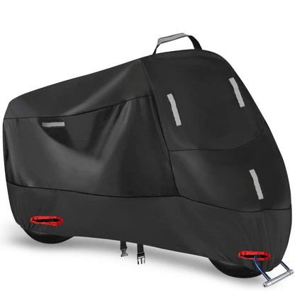 Motorcycle Cover Outdoor 300D Motorbike Cover Scooter Cover Waterproof Moped Garage with 5 Reflective Stripes and 2 Lock Holes, 2 Windproof Buckles, and 1 Pocket (XXL: 240x90x125cm)