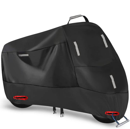 Motorcycle Cover Outdoor 300D Motorbike Cover Scooter Cover Waterproof Moped Garage with 5 Reflective Stripes and 2 Lock Holes, 2 Windproof Buckles, and 1 Pocket (XXL: 240x90x125cm)