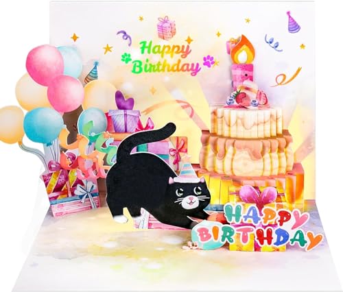 FITMITE Birthday Cards, Cute Cat Music & Lights & Blow-out Candle, Funny Pop-up Birthday Card, Birthday Gifts for Women, Men, Cat Lovers, Mom, or Dad