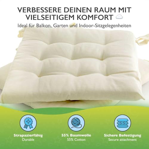Ethereal seat cushion 40x40 cm for indoor & outdoor use - chair cushion set with ties, seat pads chair cushions 40x40 2-pack - natural