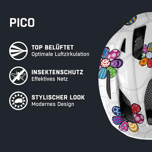 Alpina PICO - Lightweight, optimally ventilated & impact resistant bike helmet with insect net for children, optional with light, pearl white-flower gloss, 50-55 cm.