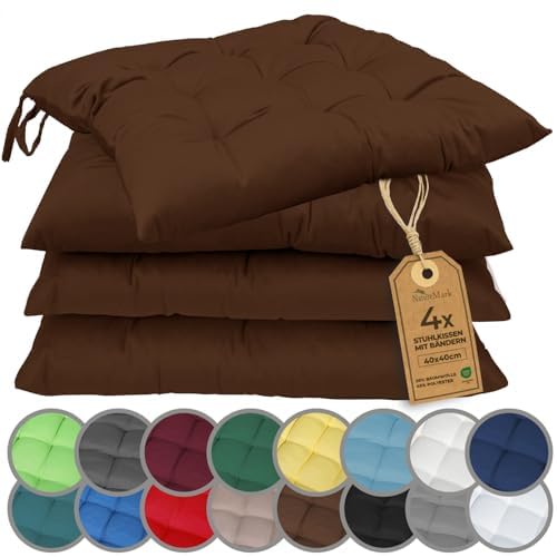 NatureMark 4-piece set chair cushions with ties 40x40 cm - Filled seat cushions, suitable for outdoor & indoor use - Chocolate brown