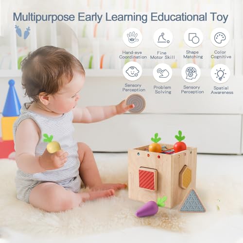 Mamimami Home Montessori wooden toys for 1 2 3 year olds, Carrot stacking game wooden motor skills cube toy for boys and girls sensory sorting game shape sorter learning toy gift