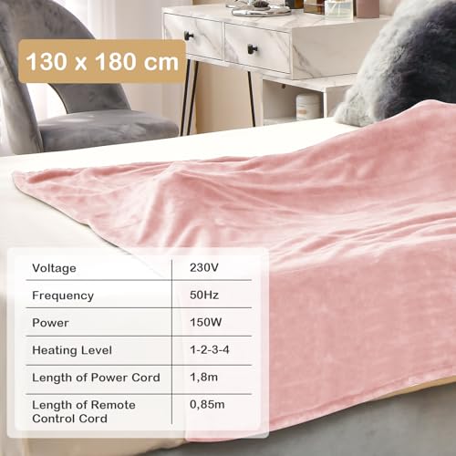 HOMASIS Electric Heated Blanket, with automatic shut-off, 4 heat settings, 8-hour timer, PTC/NTC overheat protection, remote control, machine washable Flannel Warming Blanket (Pink, 130x180cm)