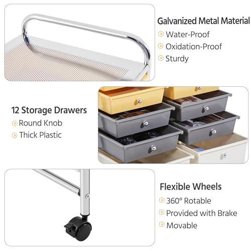 Yaheetech Kitchen Trolley on Wheels, Rolling Kitchen Cart with 12 Stackable Drawers, Utility Cart for Bathroom, Kitchen, Office, Makeup, 63 × 38.5 × 82 cm, Yellow/Gray/Beige.