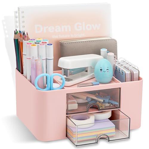 RISEMART desk organizer with 2 drawers, pencil holder, large capacity, stationery storage box for school, office, home, makeup, desk accessories, pink