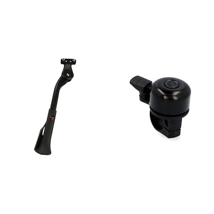FISCHER Bicycle Rear Kickstand adjustable in height | Bicycle stand with nonslip rubber foot | for bikes between 24 and 29" & Mini bike bell, black, One Size