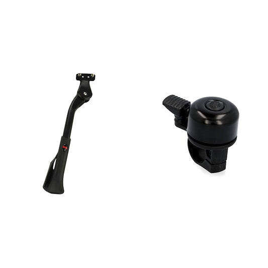 FISCHER Bicycle Rear Kickstand adjustable in height | Bicycle stand with nonslip rubber foot | for bikes between 24 and 29" & Mini bike bell, black, One Size