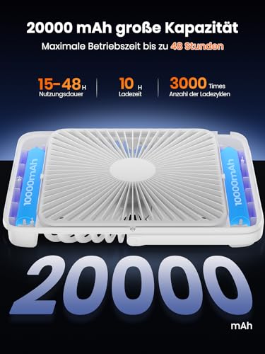 Warmco 20000mAh Portable Camping Fan 27cm with LED light, Ultra-Quiet, Thin, Digital Display, Up to 48H Runtime for Outdoor, Travel, Office, Bedroom